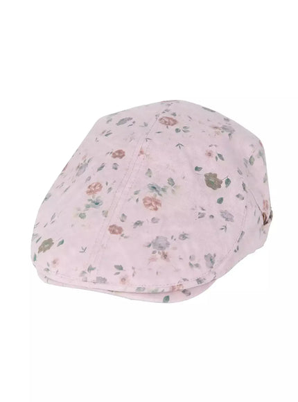 Floral Print Flat Cap IU524 Pink flat-lay angled shot on white background showing full silhouette and ditsy rose print overall