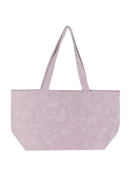 Floral Print Tote Bag IL516 Pink close-up detail shot of pink fabric surface revealing tone-on-tone white floral and leaf jacquard weave