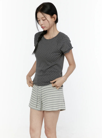 Floral Puff Short Sleeve Top IL506 in Dark gray, size S/M