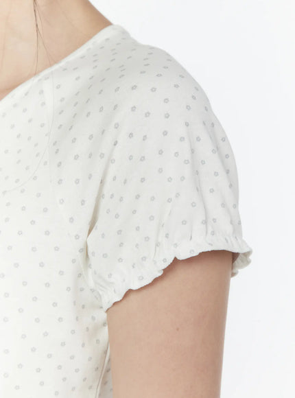 Floral Puff Short Sleeve Top IL506 White close-up detail of puff sleeve showing lettuce frill hem edge and small floral dot texture