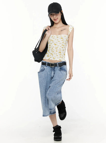 Floral Square Neck Tank Top IL509 Yellow front model full-body shot styled with wide-leg light wash jeans black cap and shoulder bag walking pose