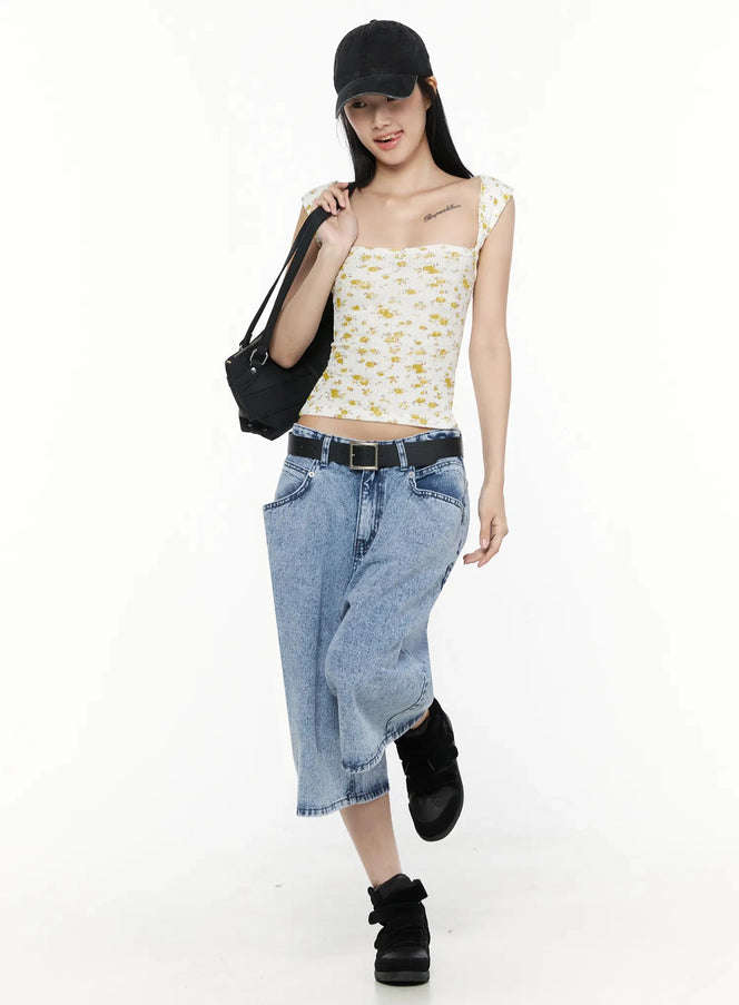 Floral Square Neck Tank Top IL509 Yellow front model full-body shot styled with wide-leg light wash jeans black cap and shoulder bag walking pose