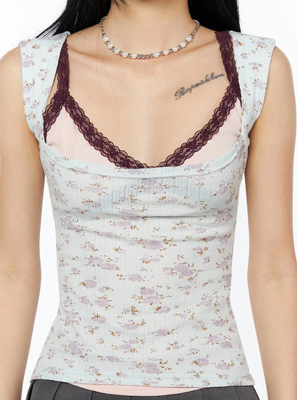 Floral Square Neck Tank Top IL509 Light blue close-up front detail shot showing burgundy lace trim neckline ribbed floral fabric texture on model