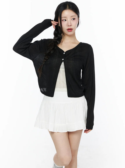 Flower Button Ribbed Cardigan IU525 in Black, size S/M