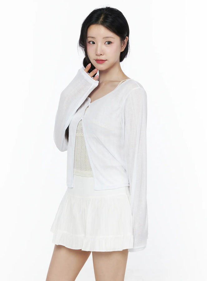 Flower Button Ribbed Cardigan IU525 in White, size S/M