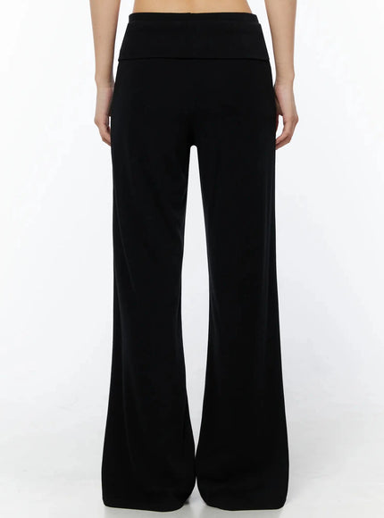 Fold-Over Drawstring Sweatpants IL509 Black back view on model showing fold-over waistband wide flared leg hem and smooth fabric texture