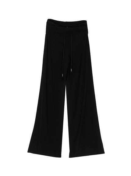 Fold-Over Drawstring Sweatpants IL509 Black flat-lay front view showing fold-over waistband drawstring wide-leg silhouette and full pant length