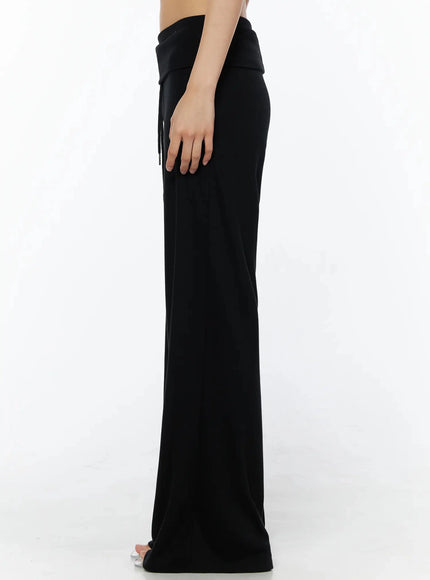 Fold-Over Drawstring Sweatpants IL509 Black right-side view on model showing straight wide-leg silhouette fold-over waistband and drawstring