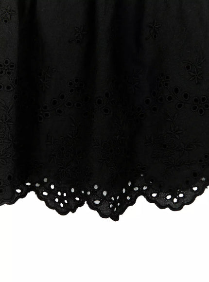 Foldover Eyelet Lace Mini Skirt IU524 Black close-up detail shot of floral broderie anglaise eyelet embroidery and scalloped lace hem edge