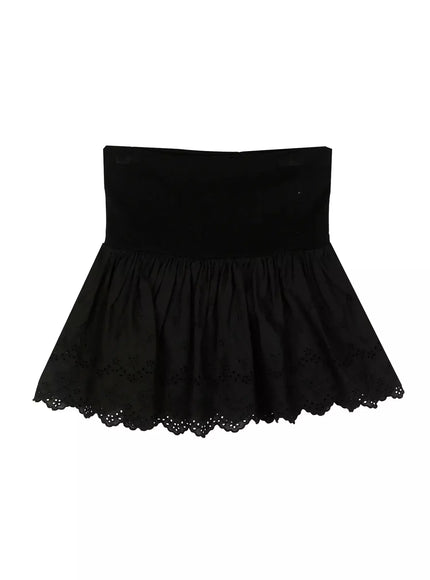 Foldover Eyelet Lace Mini Skirt IU524 Black flat-lay front view showing wide foldover knit waistband gathered skirt body and floral eyelet scalloped hem