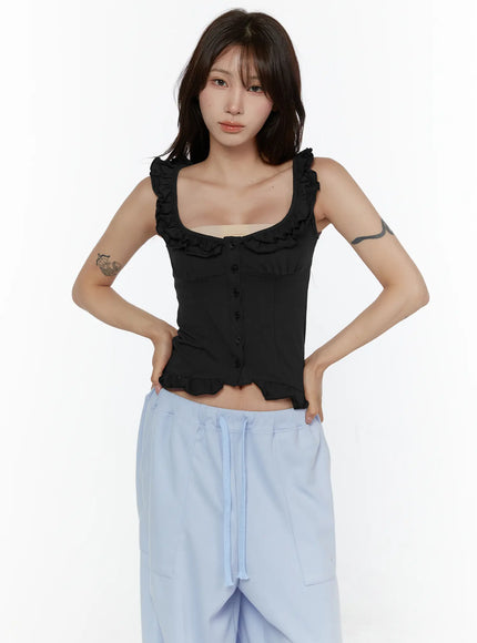 Frill Button Sleeveless Top CL507 in Black, size S/M