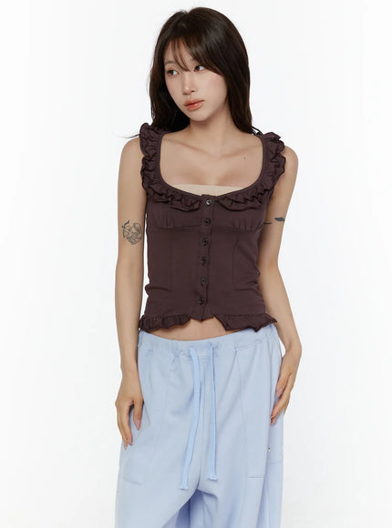 Frill Button Sleeveless Top CL507 in Dark red, size S/M