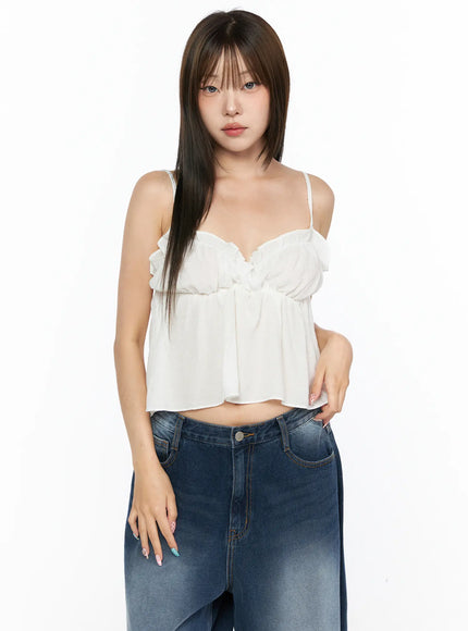 LEWKIN Frill Sweetheart Blouse Tank Top CL514 White front shot on model wearing hands-down pose with spaghetti straps ruffle bust and flowy crop silhouette paired with blue jeans