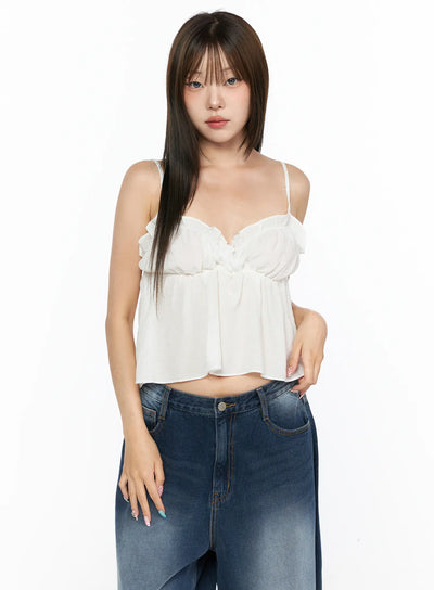 LEWKIN Frill Sweetheart Blouse Tank Top CL514 White front shot on model wearing hands-down pose with spaghetti straps ruffle bust and flowy crop silhouette paired with blue jeans