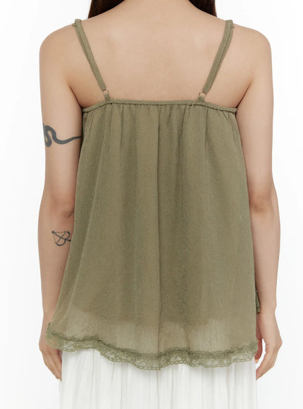 Frill Tiered Lace Sleeveless Top CL507 Dark green close-up back shot on model showing adjustable ring spaghetti straps gathered neckline and lace hem