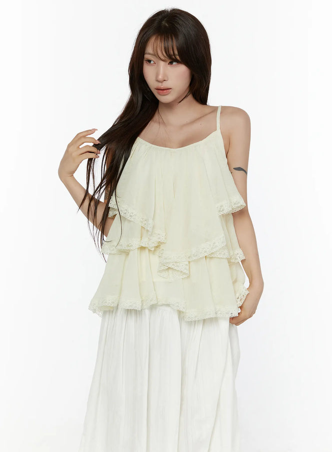 Frill Tiered Lace Sleeveless Top CL507 in Light beige, size S/M