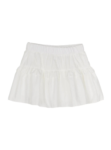 Frill Tiered Mini Skirt IL506 White flat-lay front showing elastic smocked waistband, double tiered ruffle construction and flared woven fabric