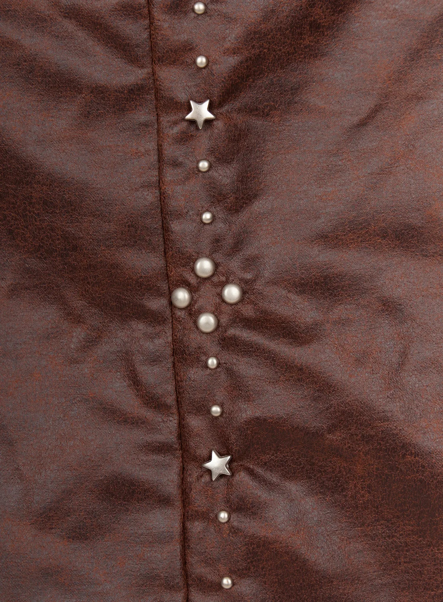 Fringe Studded Shoulder Bag CU524 Brown close-up detail of bottom fringe trim showing individual leather strips and distressed texture with pearl stud