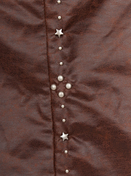 Fringe Studded Shoulder Bag CU524 Brown close-up detail of bottom fringe trim showing individual leather strips and distressed texture with pearl stud
