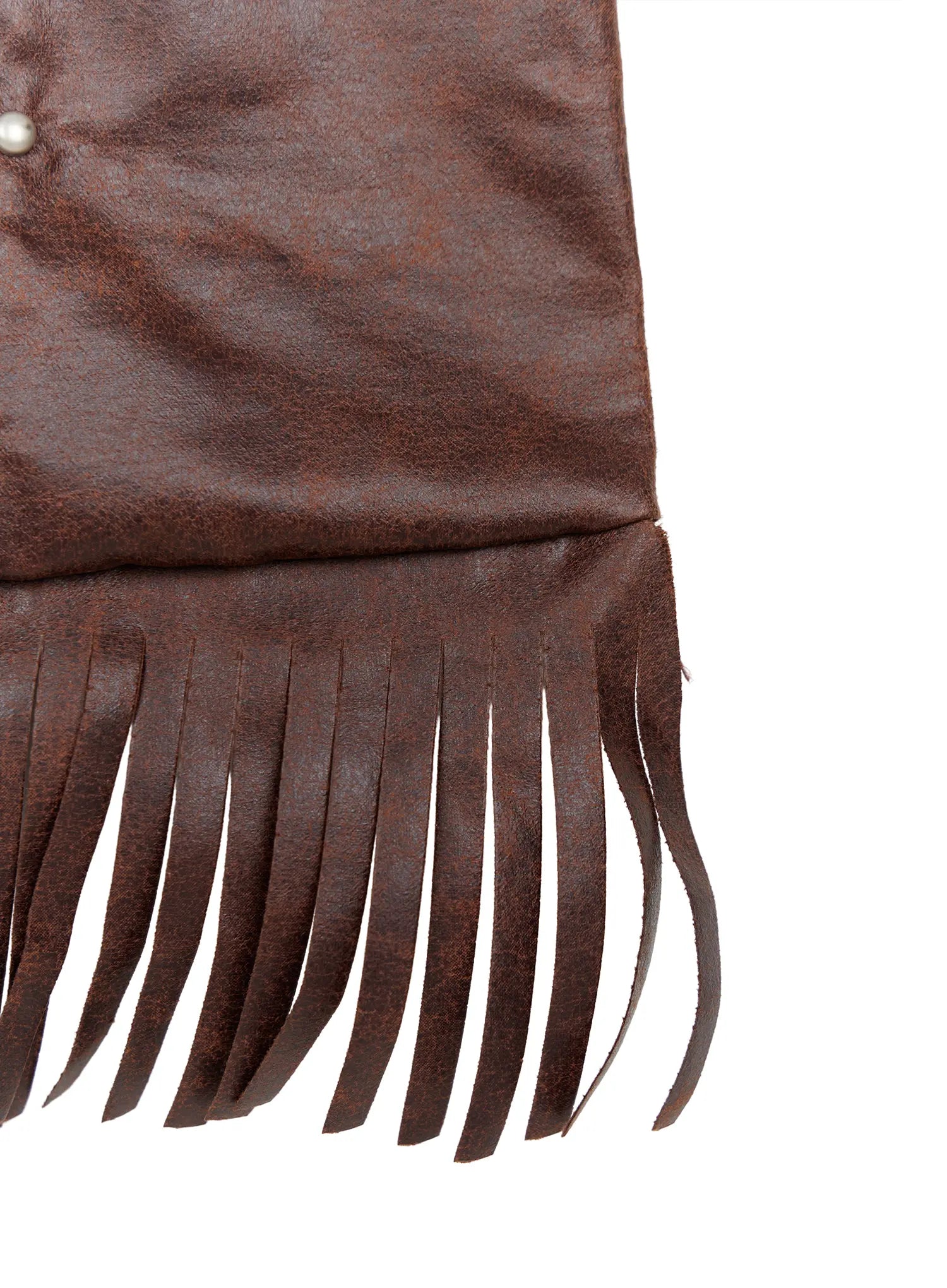 Fringe Studded Shoulder Bag CU524 Brown close-up interior detail showing silver snap button closure and open top with brown lining