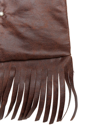 Fringe Studded Shoulder Bag CU524 Brown close-up interior detail showing silver snap button closure and open top with brown lining
