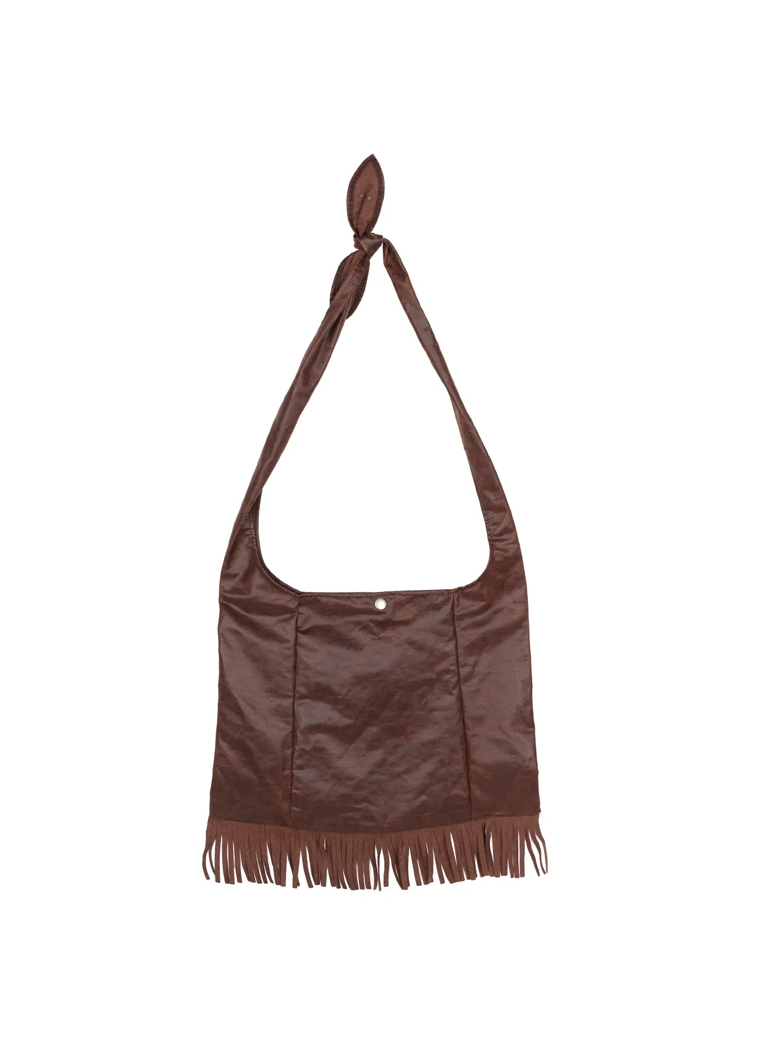 Fringe Studded Shoulder Bag CU524 Brown front flat hanger view showing full silhouette silver star and pearl studs fringe hem and knotted strap