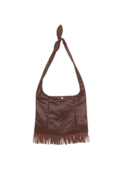 Fringe Studded Shoulder Bag CU524 Brown front flat hanger view showing full silhouette silver star and pearl studs fringe hem and knotted strap