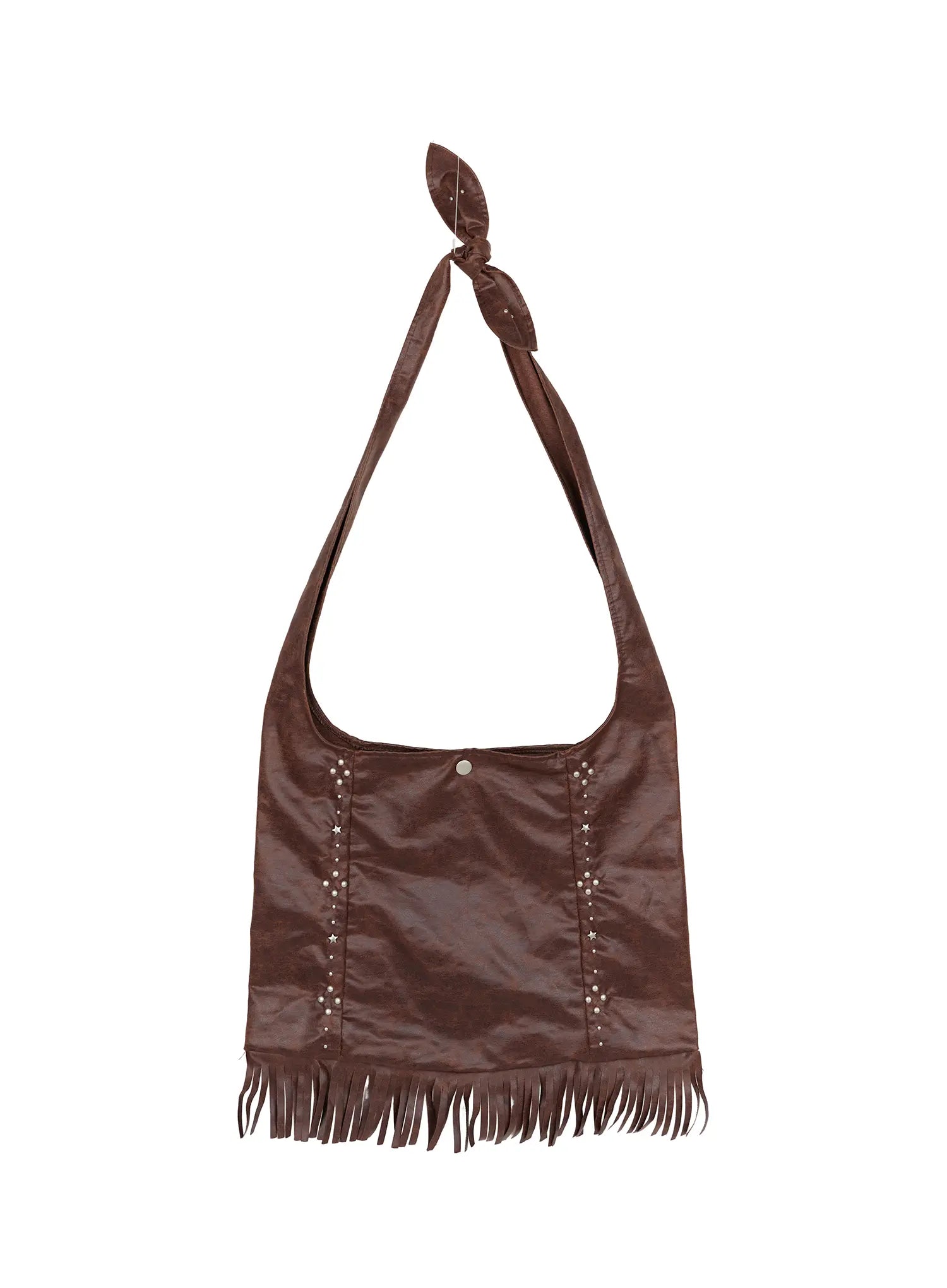 Fringe Studded Shoulder Bag CU524 Brown front flat lay showing complete bag with pearl star studs fringe bottom trim and tied shoulder strap