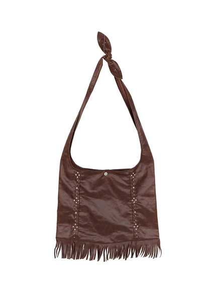 Fringe Studded Shoulder Bag CU524 Brown front flat lay showing complete bag with pearl star studs fringe bottom trim and tied shoulder strap