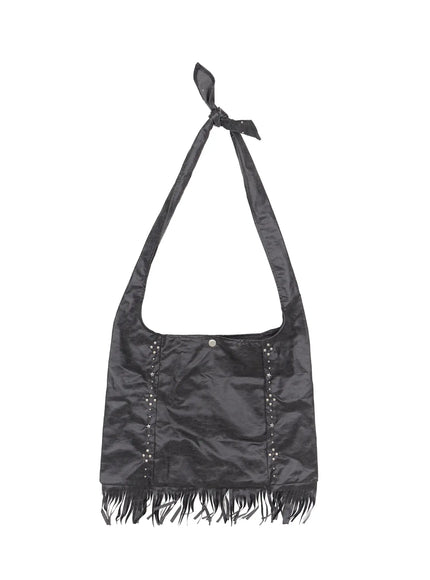 Fringe Studded Shoulder Bag CU524 in Dark gray, size One Size