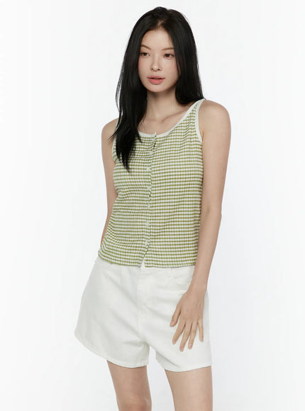 LEWKIN Gingham Tank Top IL506 Green S/M front view on model wearing white shorts, green and white gingham check seersucker fabric with center button placket and white trim neckline