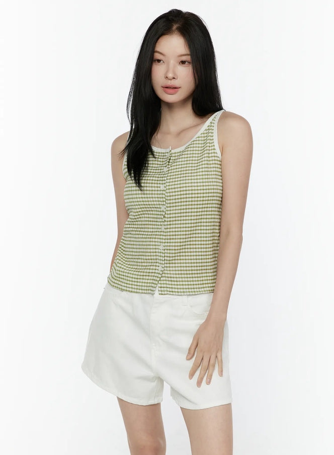 LEWKIN Gingham Tank Top IL506 Green S/M front view on model wearing white shorts, green and white gingham check seersucker fabric with center button placket and white trim neckline