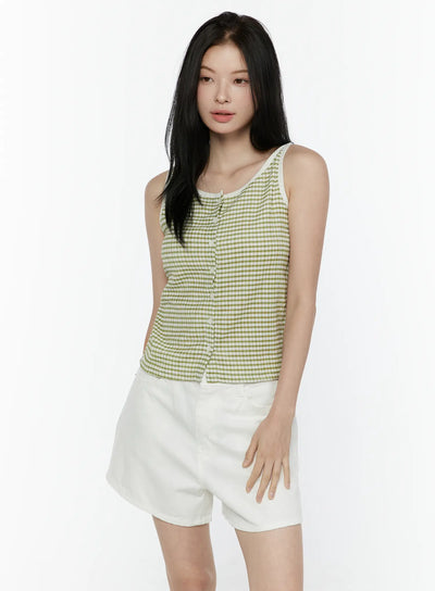 LEWKIN Gingham Tank Top IL506 Green S/M front view on model wearing white shorts, green and white gingham check seersucker fabric with center button placket and white trim neckline