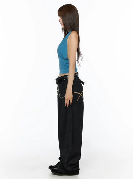 Glam Shirred Halter Sleeveless Top IL515 Blue full-length side shot on model showing cropped silhouette and open back profile, styled with black wide-leg denim with tan X-stitch pocket detail