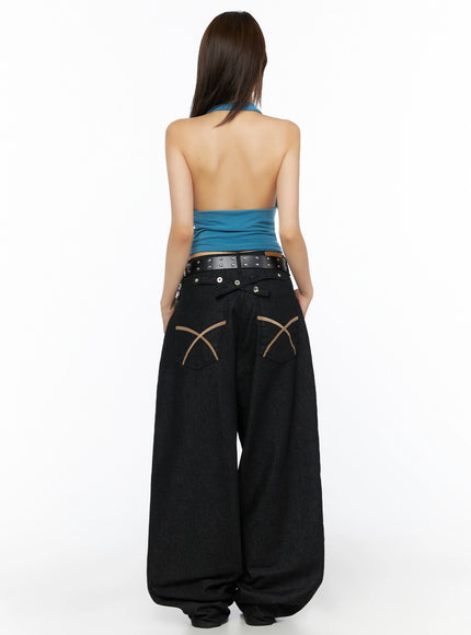 Glam Shirred Halter Sleeveless Top IL515 Blue full-length back shot on model revealing open back and halter neck strap, styled with oversized black wide-leg jeans with tan X-stitch back pockets