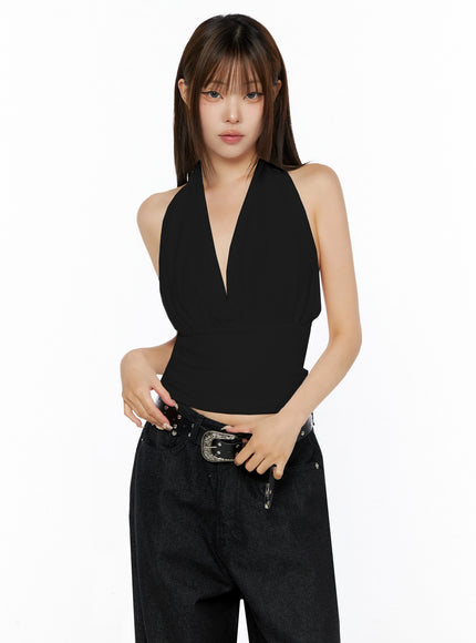 Glam Shirred Halter Sleeveless Top IL515 in Black, size S/M