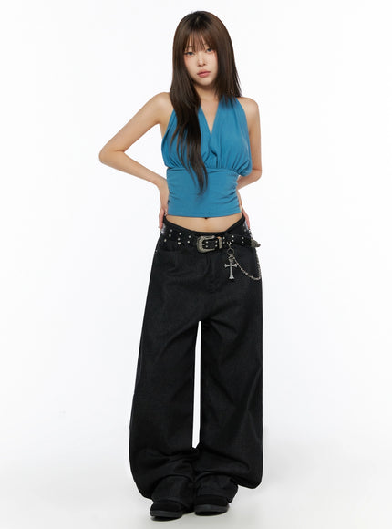 Glam Shirred Halter Sleeveless Top IL515 Blue full-length front shot on second model standing straight, styled with black wide-leg jeans and studded belt with cross chain pendant