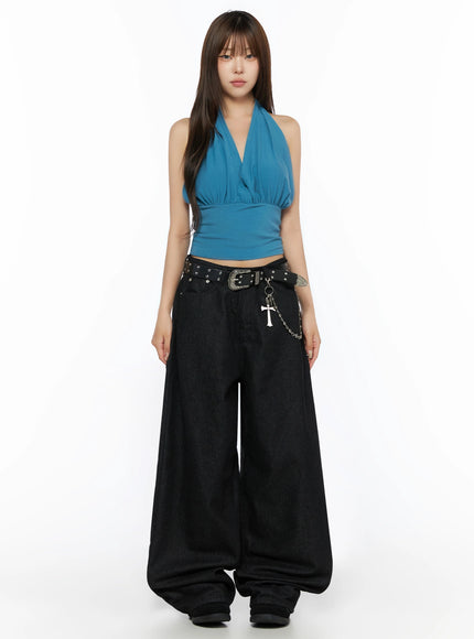Glam Shirred Halter Sleeveless Top IL515 Blue full-length front shot on model standing straight facing camera, styled with black wide-leg jeans and studded western belt with cross chain