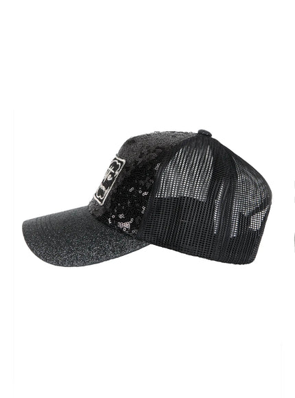 Glitter Patch Trucker Cap IL509 Black back product shot no model showing black mesh panels structured crown and adjustable snap closure strap