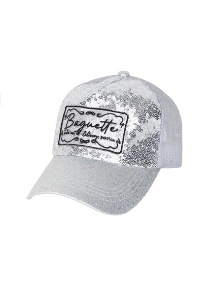 Glitter Patch Trucker Cap IL509 Black close-up detail of Baguette embroidered patch on black sequin front panel silver script lettering texture