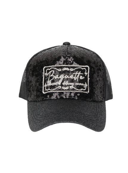 Glitter Patch Trucker Cap IL509 Black side product shot no model revealing black sequin front black mesh back panel and glitter brim profile