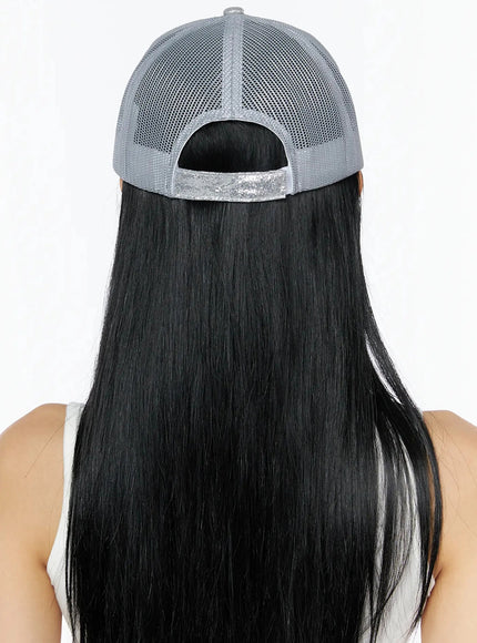 Glitter Patch Trucker Cap IL509 Silver full-body front on model styled with white tank wide-leg denim culottes silver heels and blue tote bag