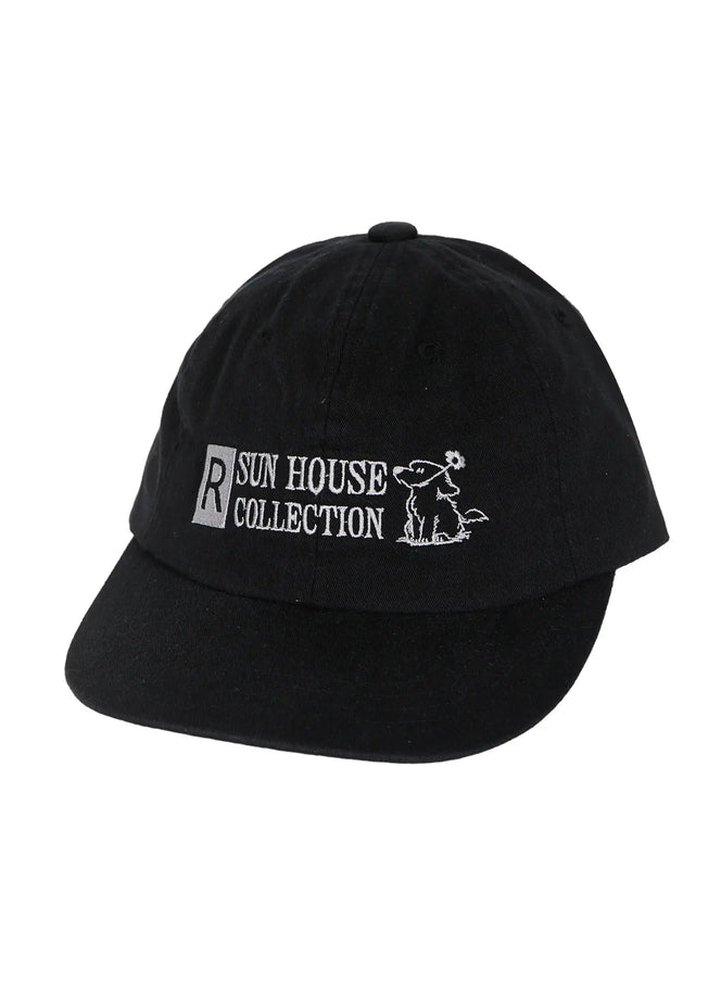 Graphic Baseball Cap IL515 Black front close-up product shot showing Sun House Collection embroidered logo and dog graphic on cotton twill