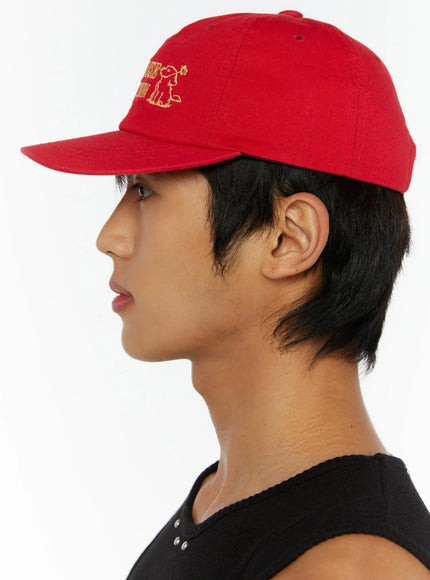 Graphic Baseball Cap IL515 Red back model shot showing silver metal buckle strap closure and six-panel structured crown construction