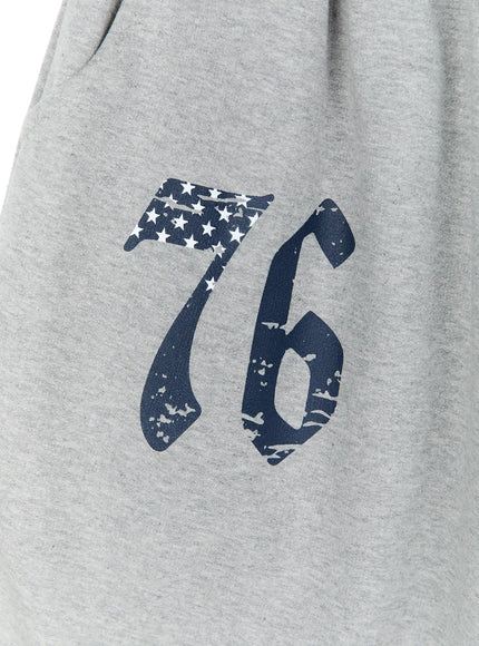 Graphic Bermuda Shorts CL524 Grey close-up detail of distressed navy 76 star-flag graphic print on heathered grey cotton fabric