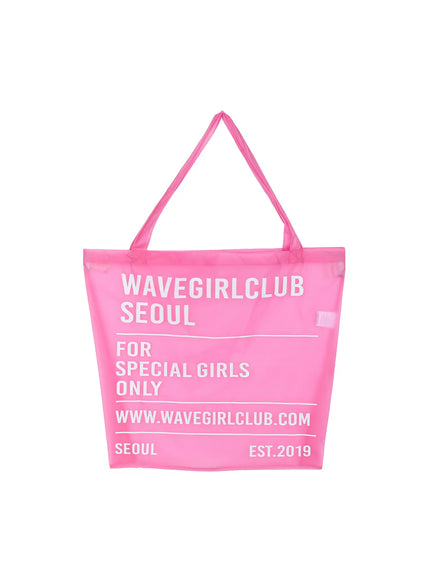 Graphic Jelly Shoulder Bag CL528 Pink flat front hanger shot showing full transparent PVC body with white WAVEGIRLCLUB SEOUL graphic print