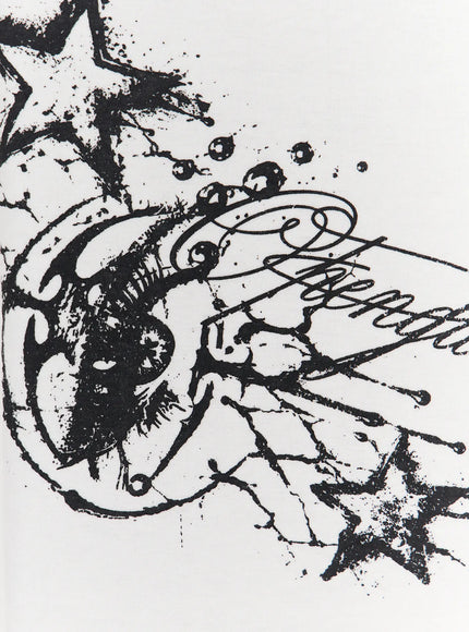 Graphic Layered Skort CL503 Gray close-up flat detail of white skirt fabric featuring dark ink wing, crescent moon, eye, and cursive script grunge print