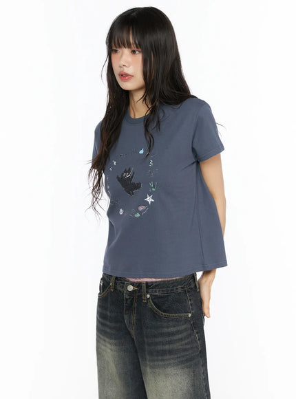 Graphic Meow Crop Tee CU530 in Dark blue, size S/M