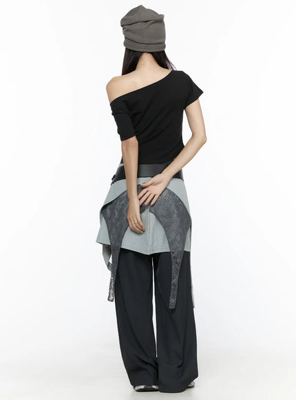Graphic Off-Shoulder Crop Top CL524 Black back shot on model showing plain back and off-shoulder construction with lace-detail skirt overlay