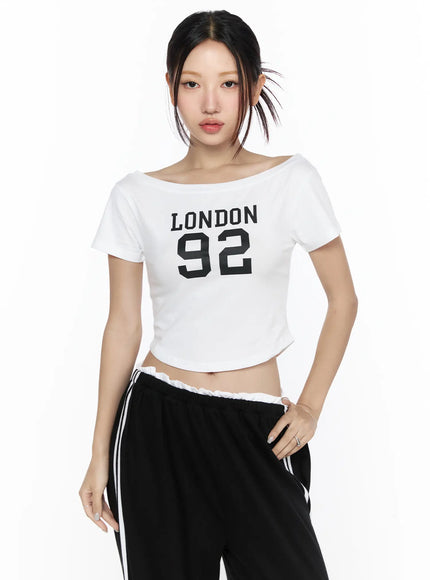 Graphic Off-Shoulder Crop Top CL524 in White, size S/M